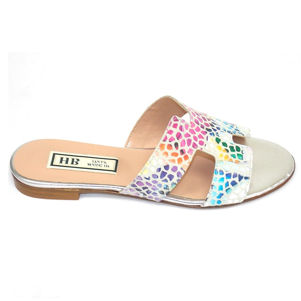 HB - Flat Printed Suede Backless Sandal in Multi Coloured Pebble Print