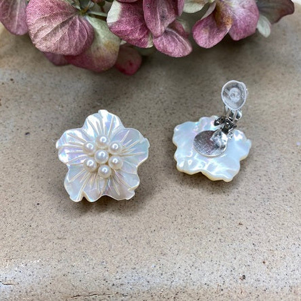 The Real Pearl Co. - Shell Flower CLIP Earrings with Multiple Pearl Heart