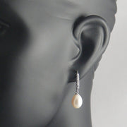 The Real Pearl Co. - Drop Hook Silver Earrings with White Drop Pearl below a Line of CZ