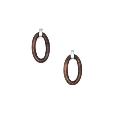 The Branch - Large Oval Black Wood Link Silver Plated Earring