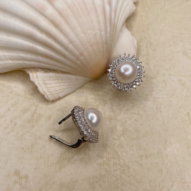 The Real Pearl Co. - Large White Pearl & CZ Round Stud Earrings
