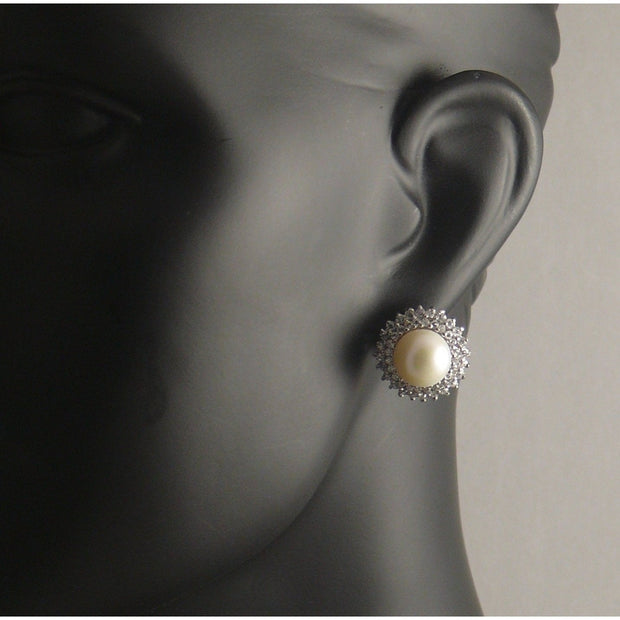 The Real Pearl Co. - Large White Pearl & CZ Round Stud Earrings
