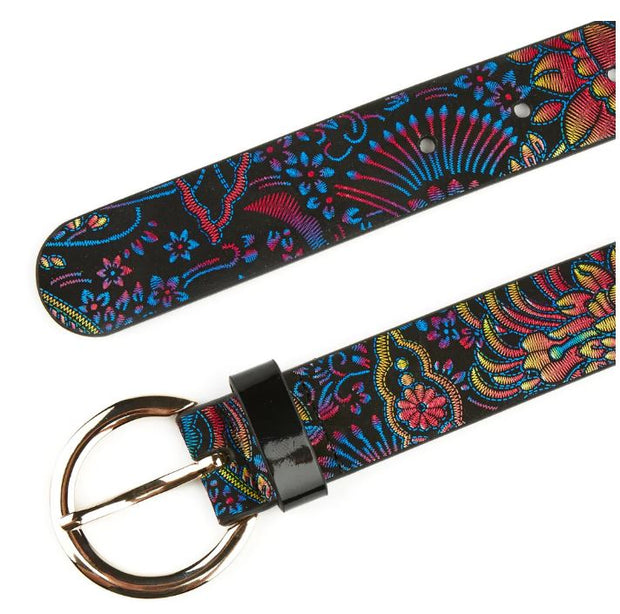Embassy London - Emma - Ladies Leather Belt in Black and Blue Feather Print
