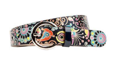 Embassy London - Emma - Ladies Leather Belt in Navy & Pink Flower Print