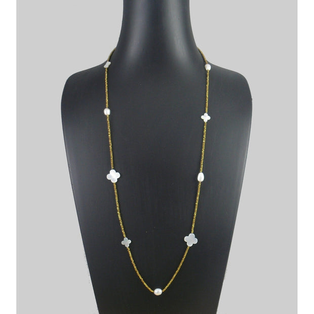 The Real Pearl Co. - Gold Plated Hematite beads, White Pearls & White Shell Flowers Necklace