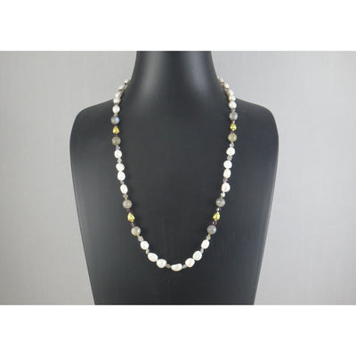 The Real Pearl Co. - White Baroque Pearls, Labradorite, Garnet & Brass Beads Necklace