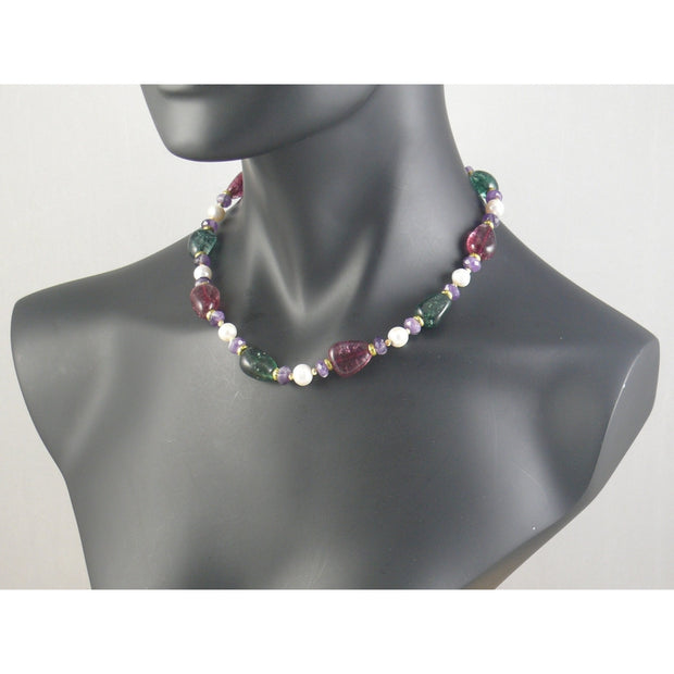 The Real Pearl Co. - White Pearls, Red & Green Crystals, Amethyst & Brass Rings Necklace