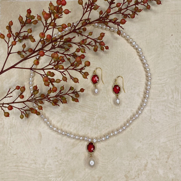 The Real Pearl Co. White Pearl Red Crystal Drop Necklace Earrings Gillie G s