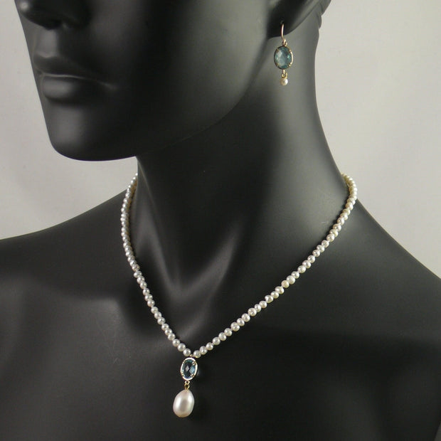 The Real Pearl Co. White Pearl, Aqua Crystal Drop Necklace & Earrings