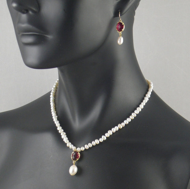 The Real Pearl Co. White Pearl, Red Crystal Drop Necklace & Earrings