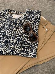 Part Two - Barbette Long Sleeve Blouse in Blue and Tan Flower Print