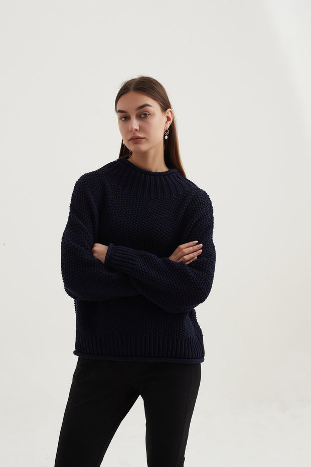 Tirelli - Chunky Knit Jumper with Rolled Hem in Navy (K2730)