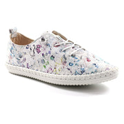 Lunar Shoes - Exbury Leather Plimsoll in White with Flowers